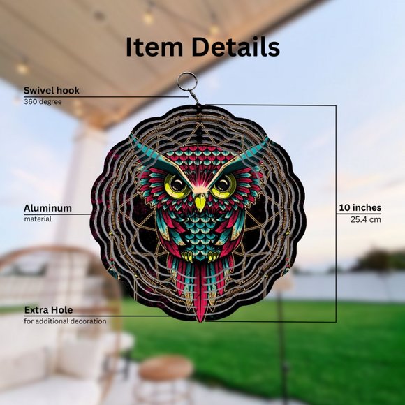 Artistic Geoetric Owl Artwork Design Wind Spinner - Picture 2 of 3